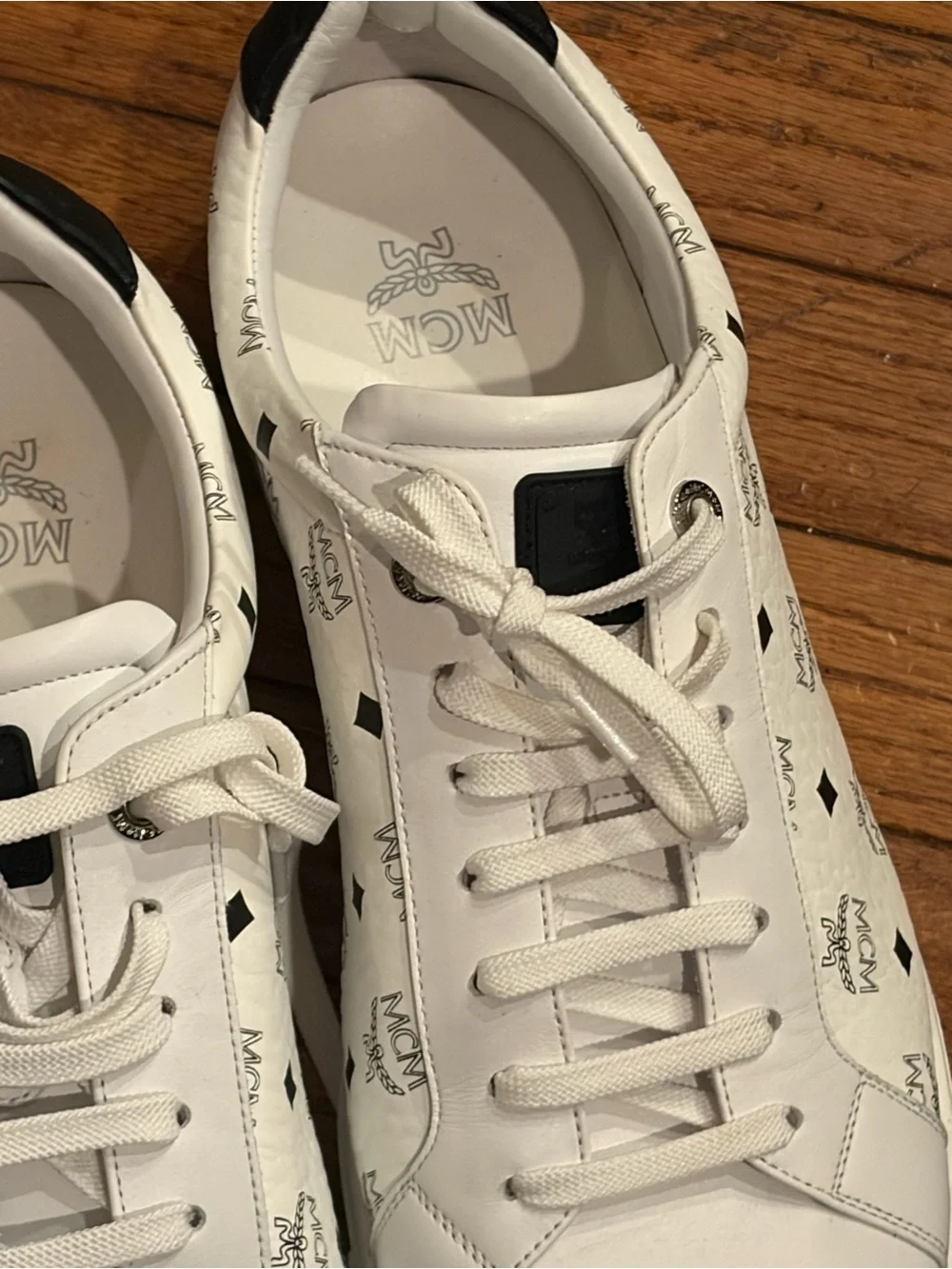 MCM White Low-Top Logo Panel Sneakers with Black Heel Tab